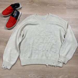 Wild Fox Wool Blend Distressed Crew Neck Sweater Women L‎ Color Ivory